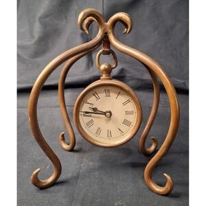 Vintage Prestige Hanging‎ Desk Clock Antique Brass Scrolled Metal Stand Quartz